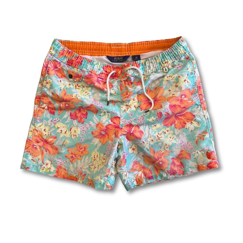 Polo by Ralph Lauren Men's Vintage Floral Swim Shorts - Orange and Blue Medium